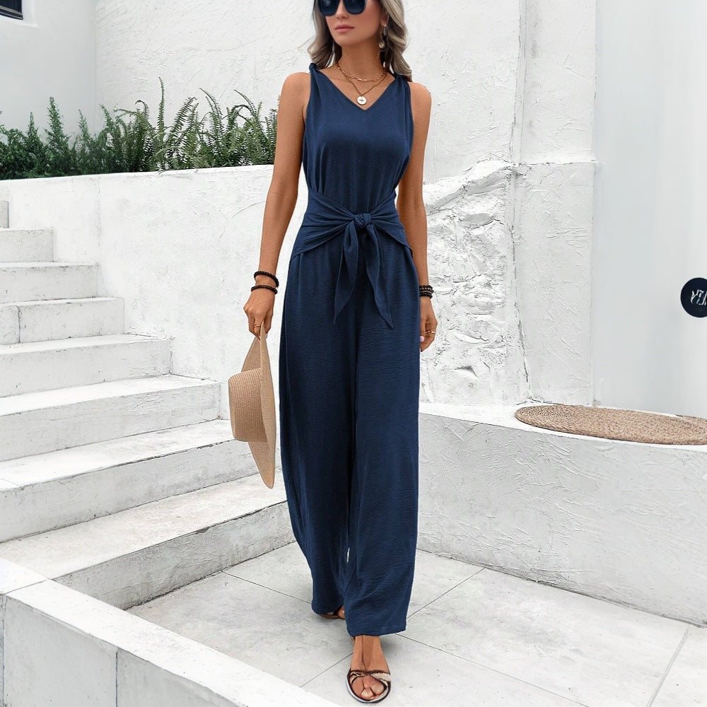 Damen Jumpsuit Gürteldetail V-Ausschnitt