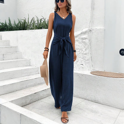 Damen Jumpsuit Gürteldetail V-Ausschnitt