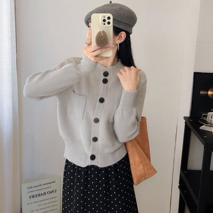 Damen Strickjacke Knöpfe Taschen Beige