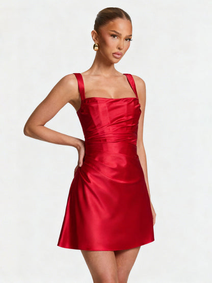 Damen Cocktailkleid Satin Quadratausschnitt
