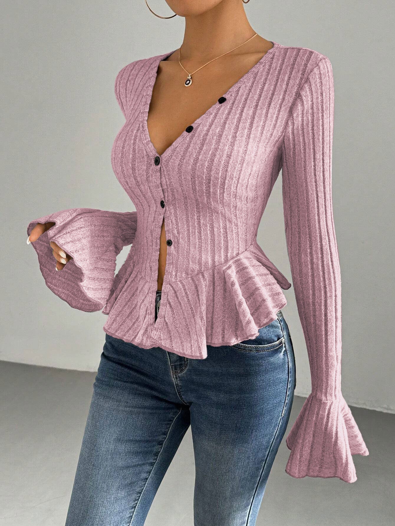 Damen Strickjacke Tailliert Rüschendetails Norvielle