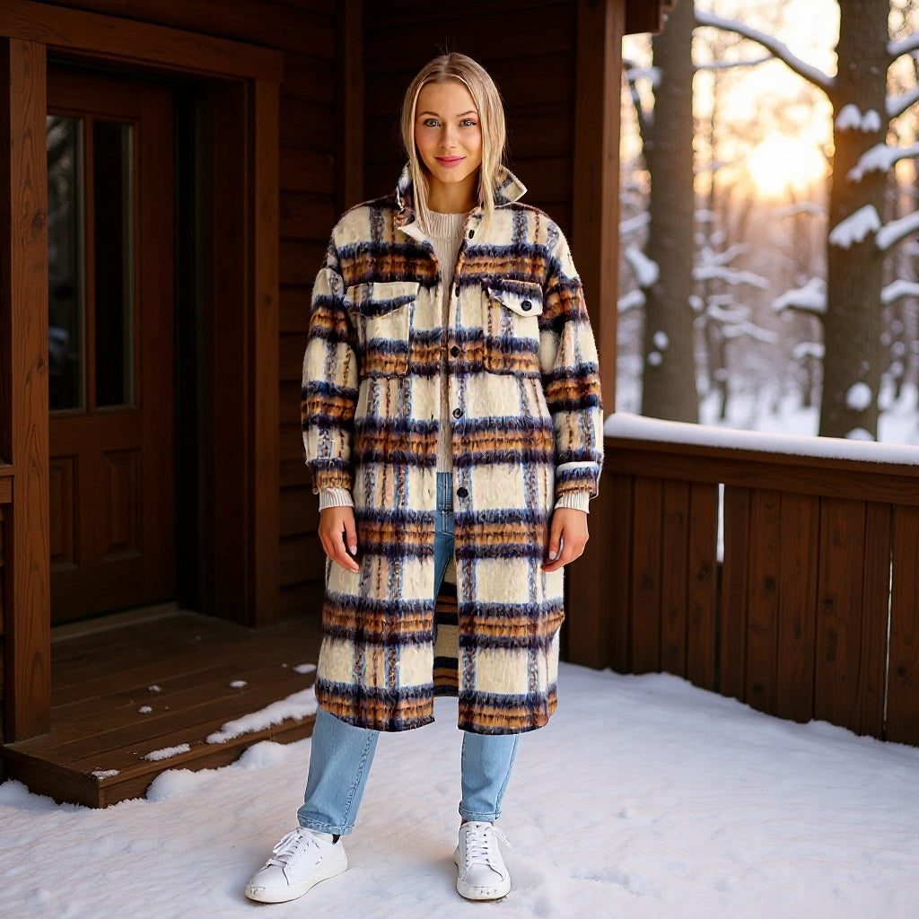 Damen Oversized Wollmantel Karomuster Schwarz - Norvielle