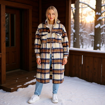 Damen Oversized Wollmantel Karomuster Schwarz - Norvielle