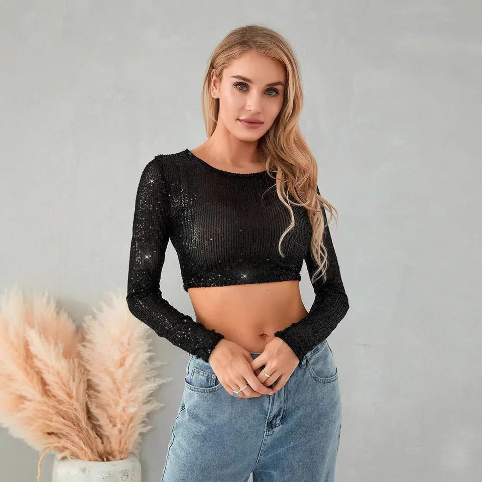 Damen Glitzerndes Crop- Langärmlig Figurbetont Norvielle