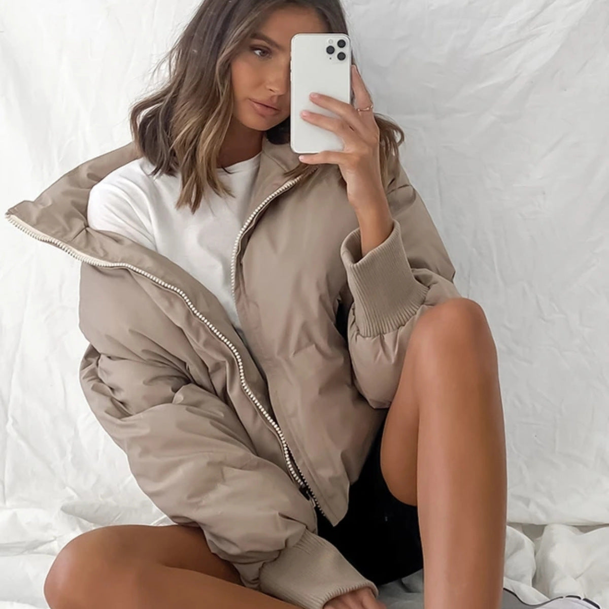 Damen Kurzjacke mit Kapuze Weiches Futter Schwarz - Norvielle