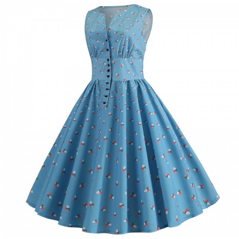 Damen A-Linien Kleid mit Blumenmuster und Knöpfen