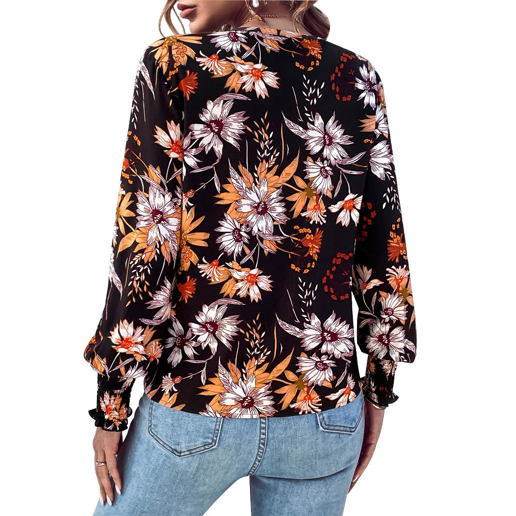 Damen Bluse Floralmuster Elastische Rüschen Norvielle