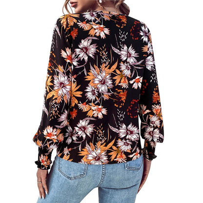 Damen Bluse Floralmuster Elastische Rüschen Norvielle