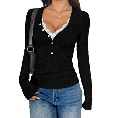 Damen Langarmshirt Strukturiertes Rippdesign Elegante Knöpfe Beige