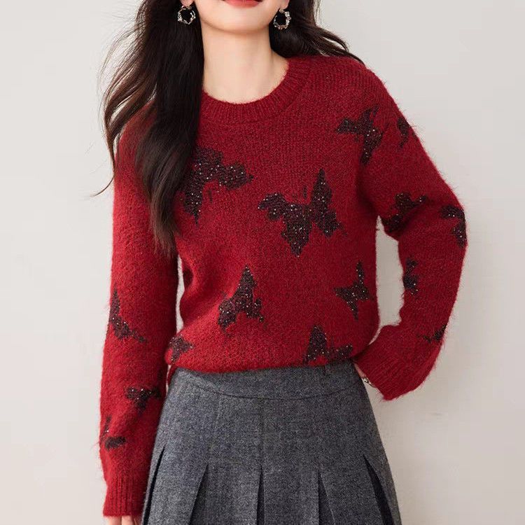 Damen Strickpullover Glitzernde Schmetterlingsapplikationen Norvielle