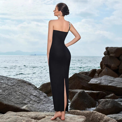 Damen Abendkleid Asymmetrischer Trägerschnitt Strass Norvielle