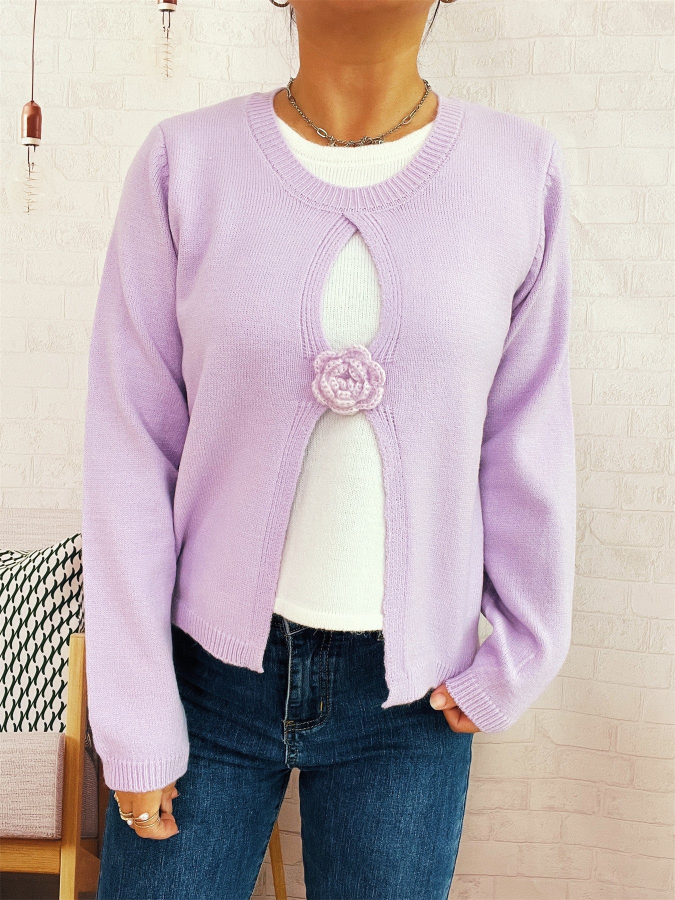 Damen Strickjacke Florales Design V-Ausschnitt