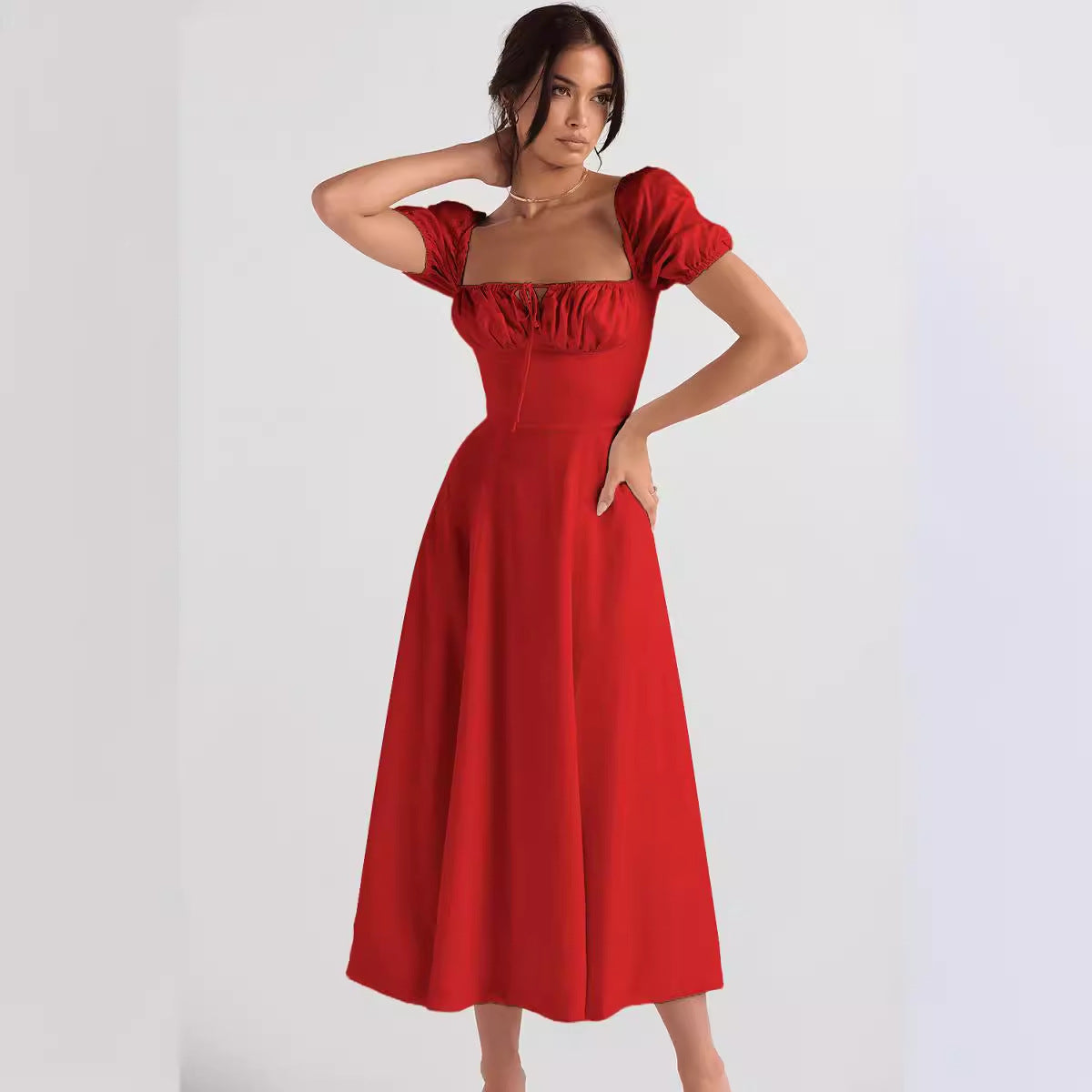 Damen Elegantes Midikleid Puffärmel Raffinierter Ausschnitt Norvielle