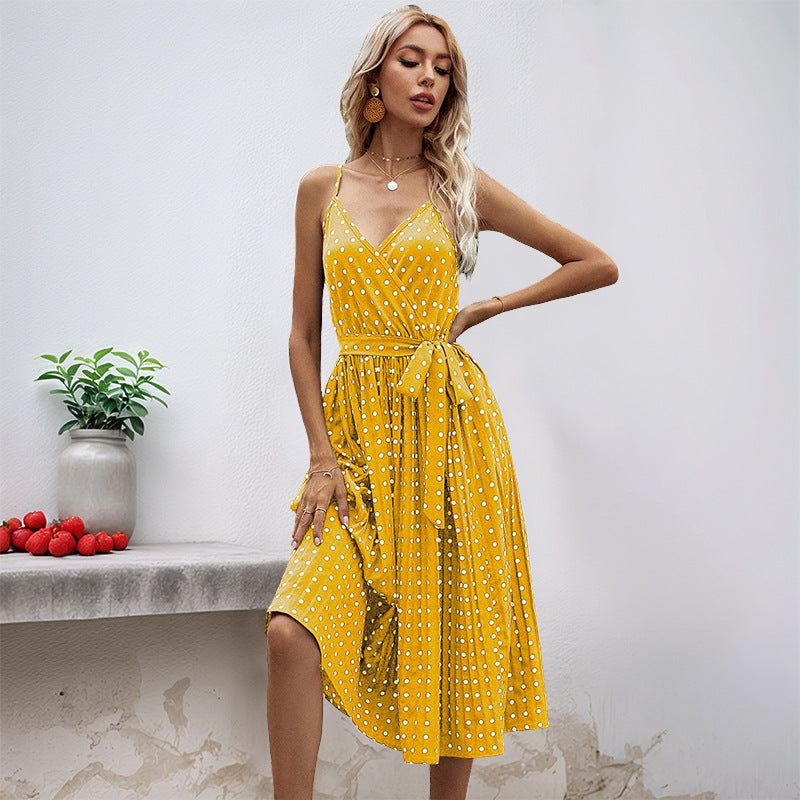 Damen Midikleid mit Gürtel Polka Dot Muster Schwarz - Norvielle
