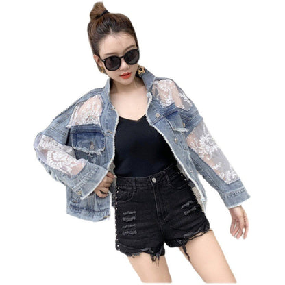 Damen Denimjacke Spitzenverzierung