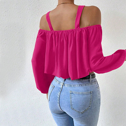 Damen Off-Shoulder Bluse Dekorative Träger Elegante Raffung