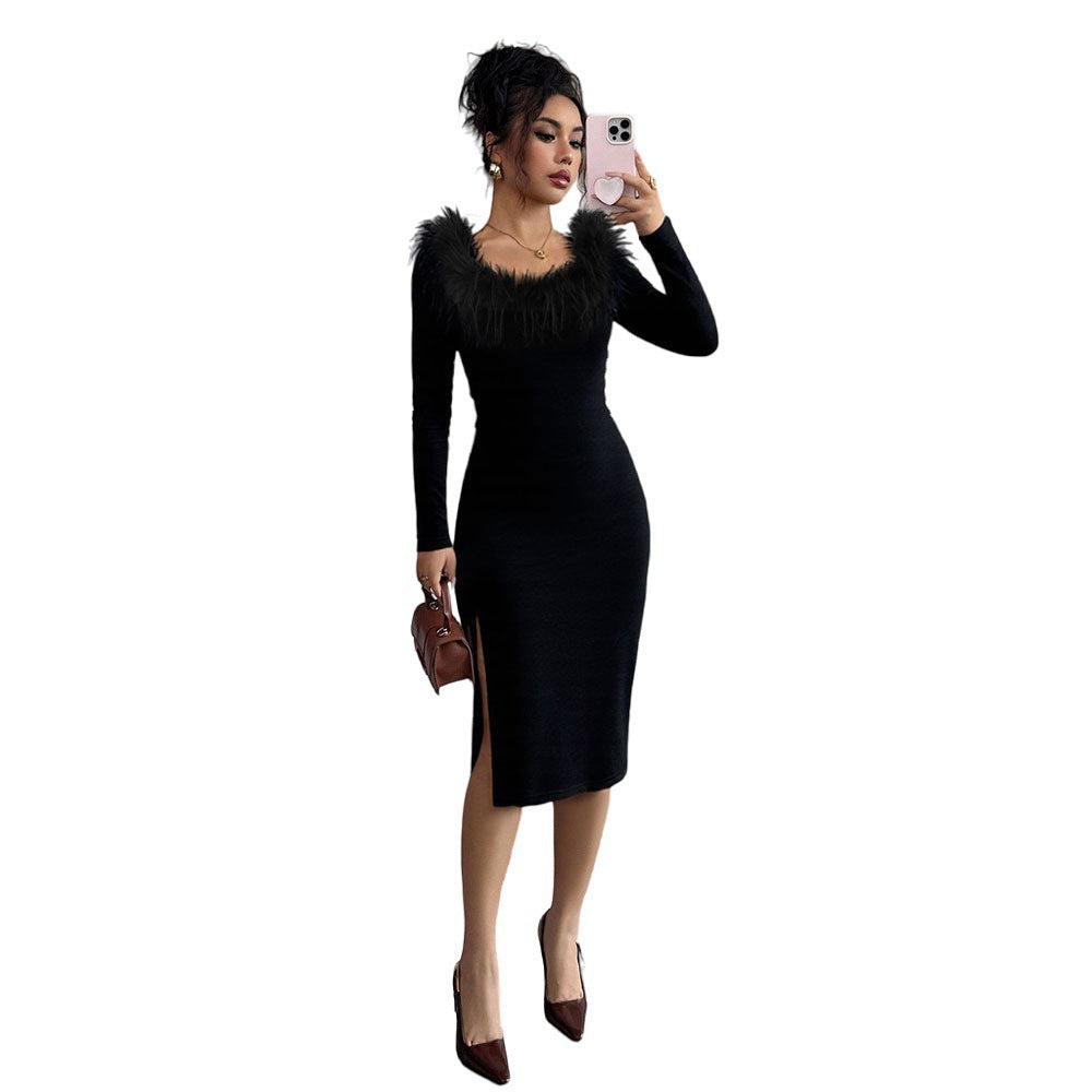 Damen Midi-Kleid mit Federverzierung und seitlichem Schlitz