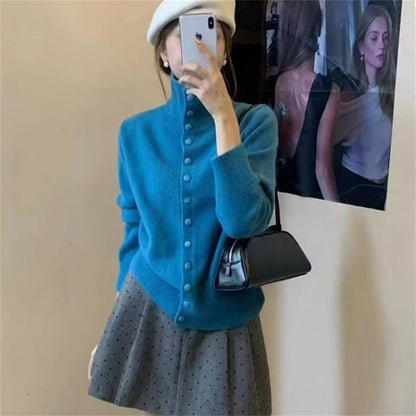 Damen Strickpullover Stehkragen Knopf Norvielle