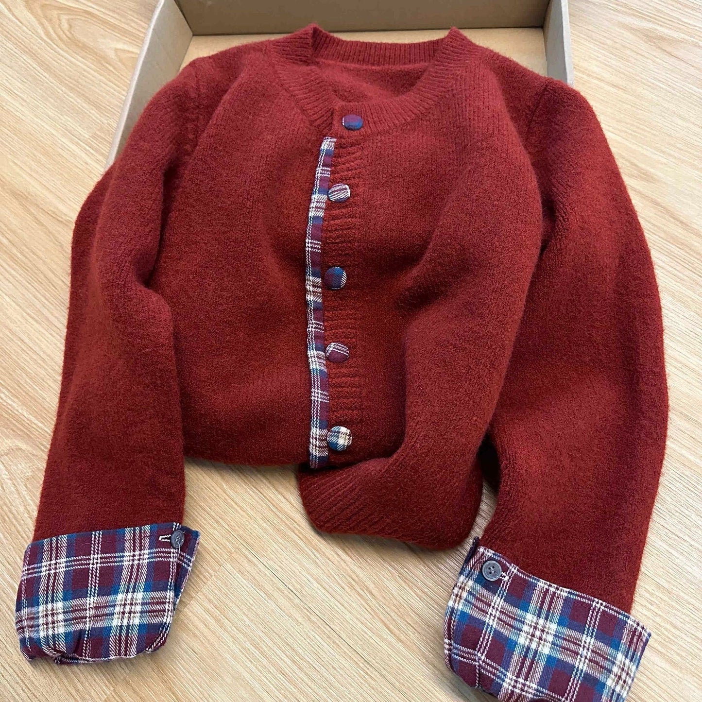 Damen Strickjacke Karomuster mit Knöpfen Norvielle