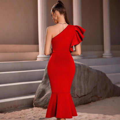 Damen Midi-Kleid mit Volants Asymmetrisch