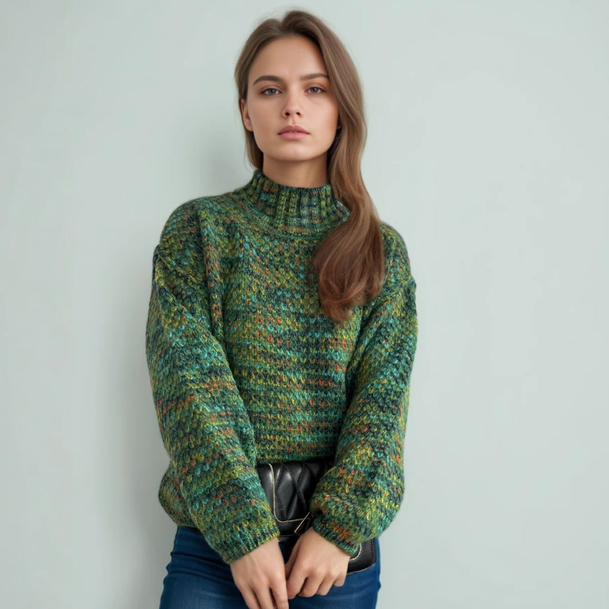 Damen Grobstrickpullover Hochgeschlossener Kragen Luftig Beige - Norvielle