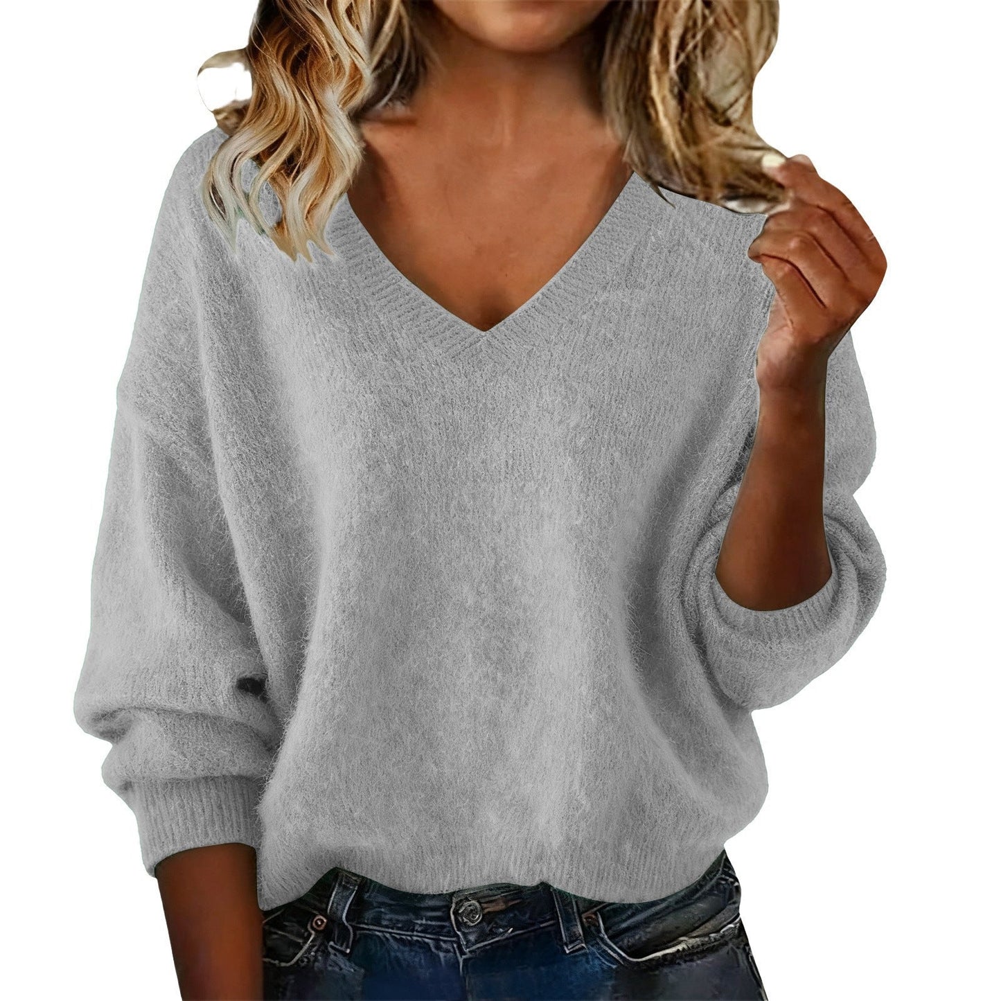 Damen Pullover V-Ausschnitt Weiches Fluff-Material Oversized