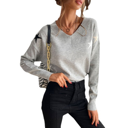 Damen Pullover V-Ausschnitt Sternenmuster Lässig Norvielle