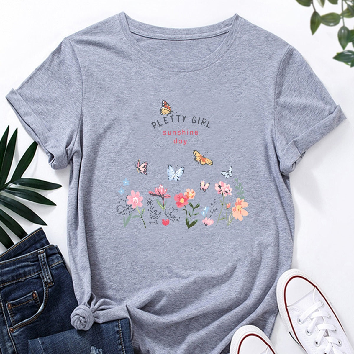 Damen T-Shirt Blumendruck Weiß