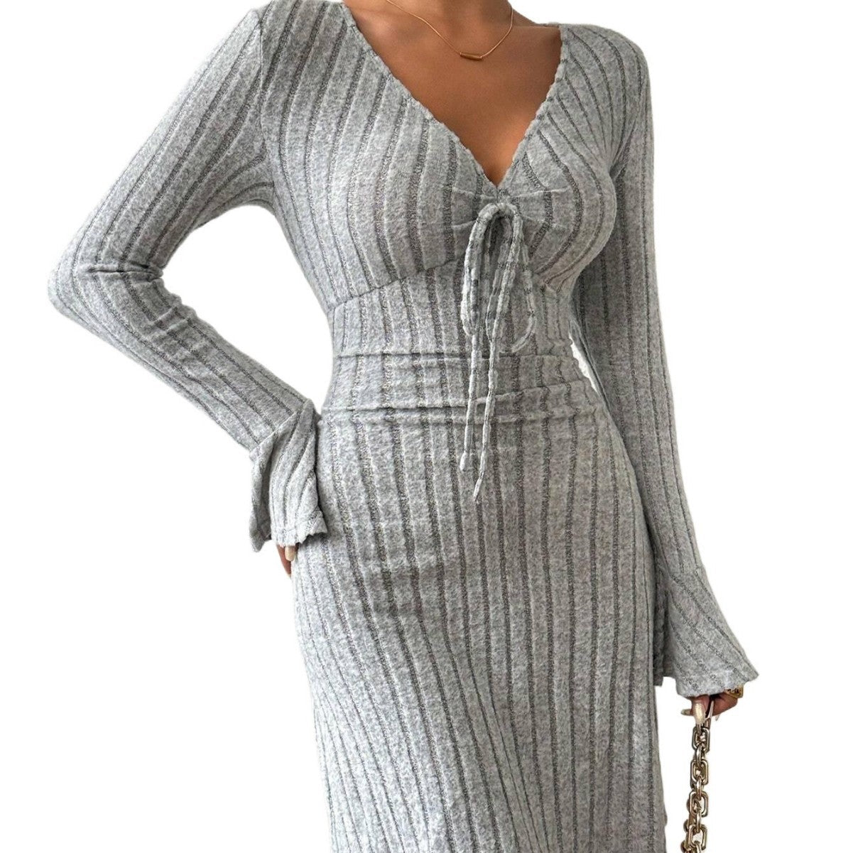 Damen Strickkleid V-Ausschnitt Bindebänder Norvielle