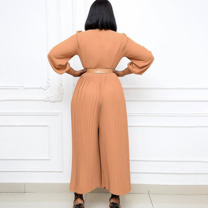 Damen Jumpsuit Plissee mit Gürtel und weiten Ärmeln Norvielle