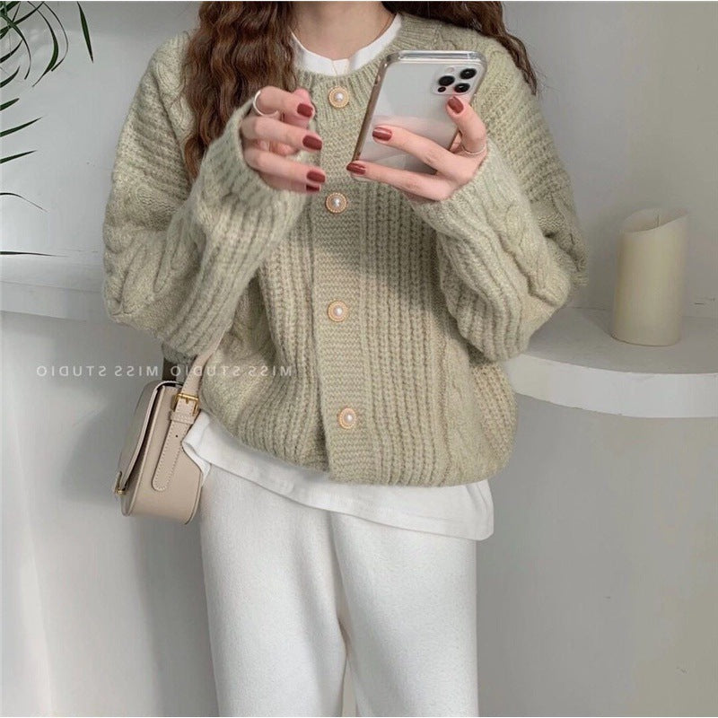 Damen Strickcardigan Kuschelig Perlenknöpfe Beige Norvielle