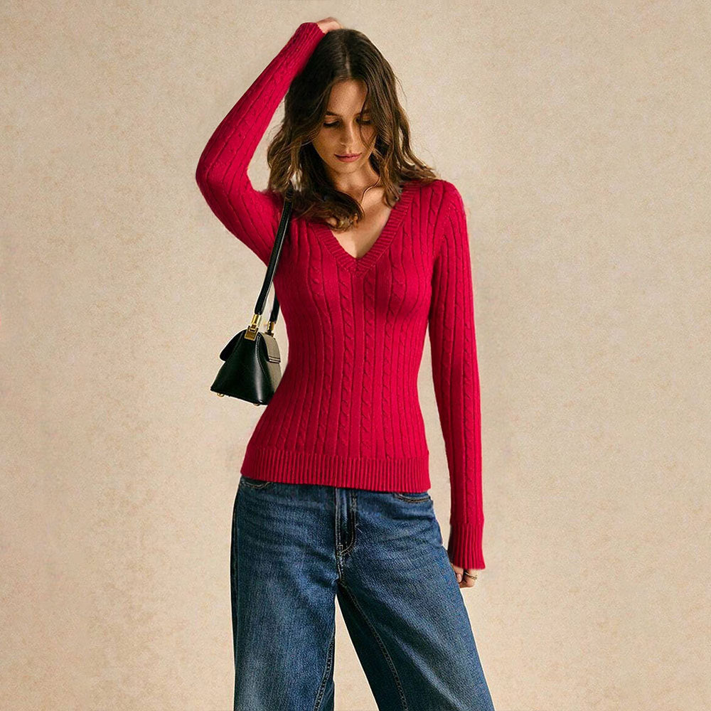 Damen Strickpullover V-Ausschnitt Rippmuster