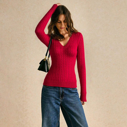 Damen Strickpullover V-Ausschnitt Rippmuster