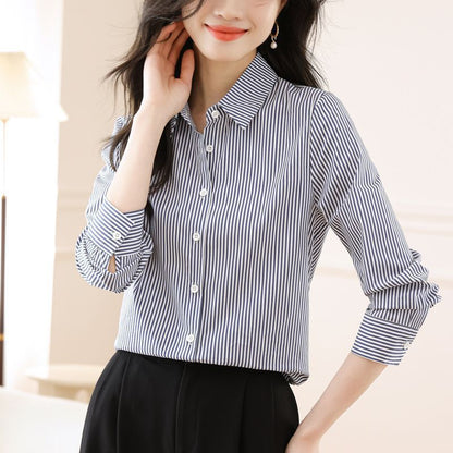 Damen Hemdbluse Gestreift Eleganter Kragen Weiß
