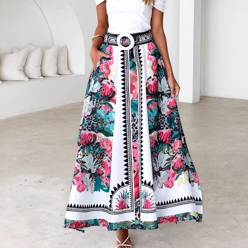 Damen Maxirock Floral Norvielle Mit Gürtel - Norvielle