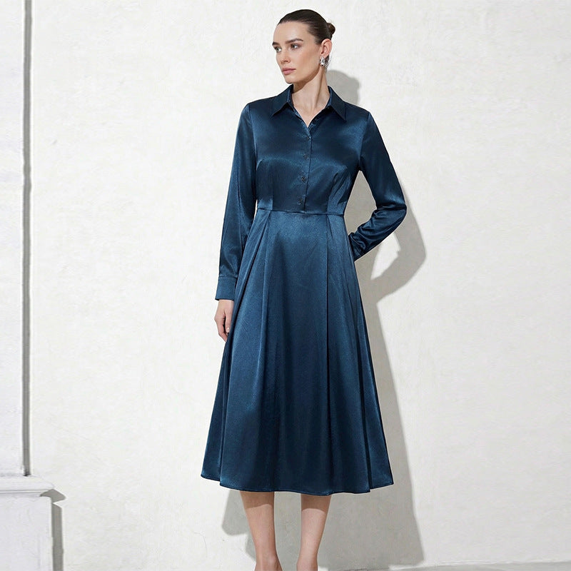 Damen Hemdblusenkleid Seide Glänzend Midi