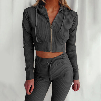 Damen Sportliches Hoodie-Set feines Rippdesign Hochkomfort Beige
