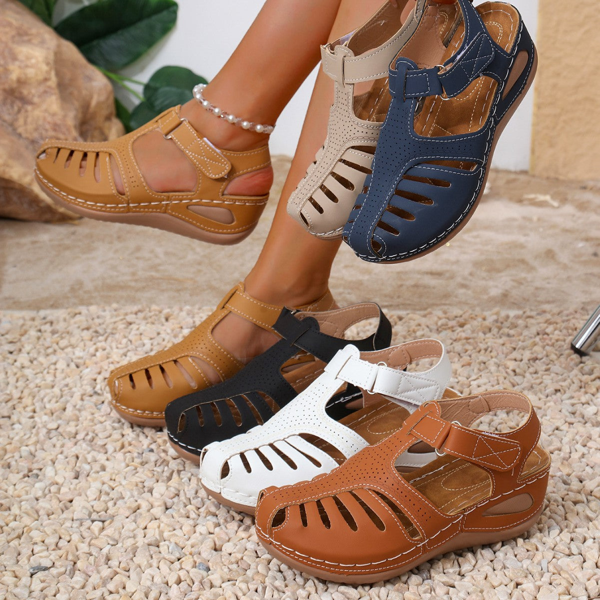 Damen Sandalen Anatomisches Fußbett Luftiges Schlitzdesign Beige