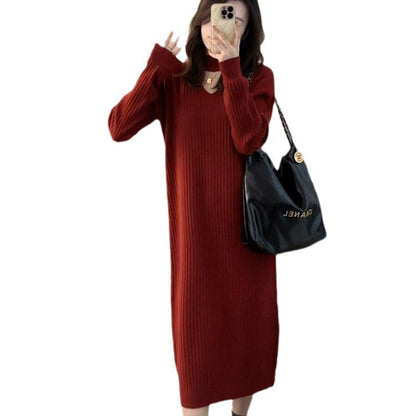 Damen Strickkleid V-Ausschnitt Rippdesign