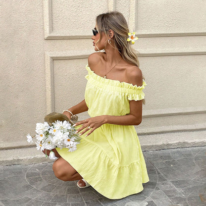 Damen Sommerkleid Kurz Schulterfrei Rüschensaum Norvielle