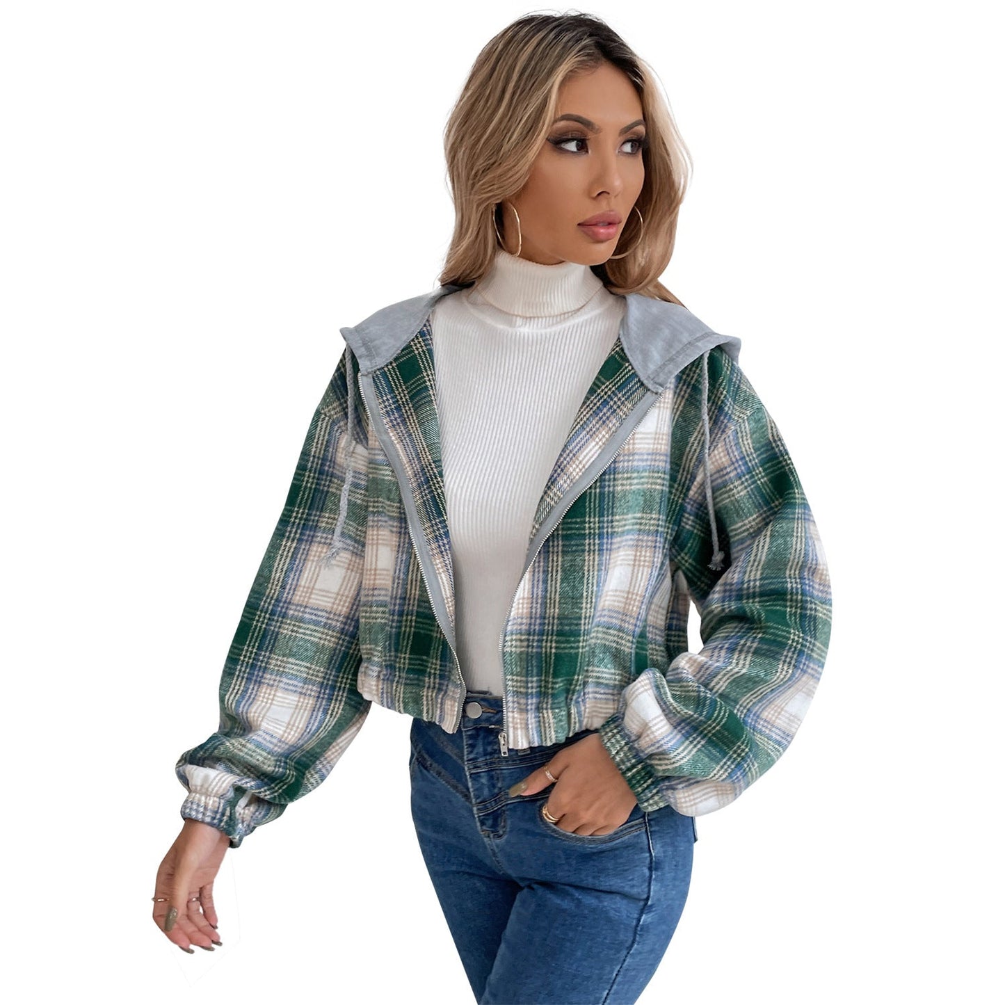 Damen Cropped Flanelljacke Kapuze Karomuster Norvielle