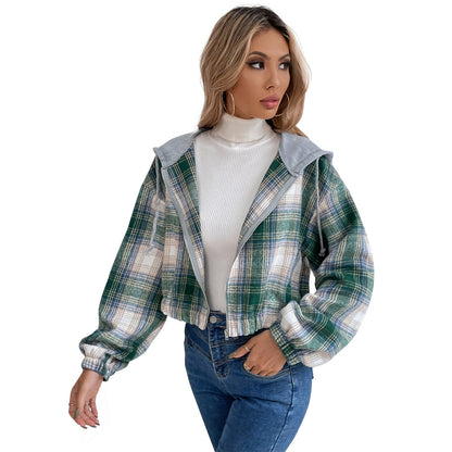Damen Cropped Flanelljacke Kapuze Karomuster Norvielle
