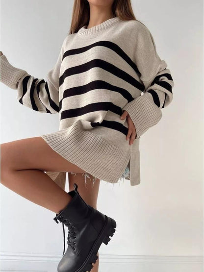 Damen Oversized Strickpullover Streifenmuster Hochkragen Beige