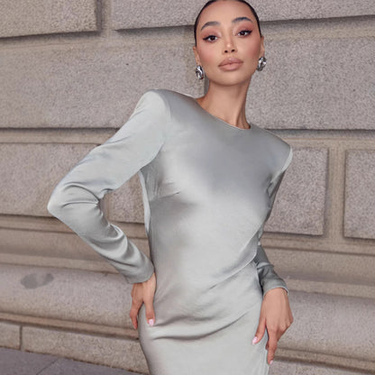 Damen Langarmkleid Satin Glänzend Figurbetonter Schnitt