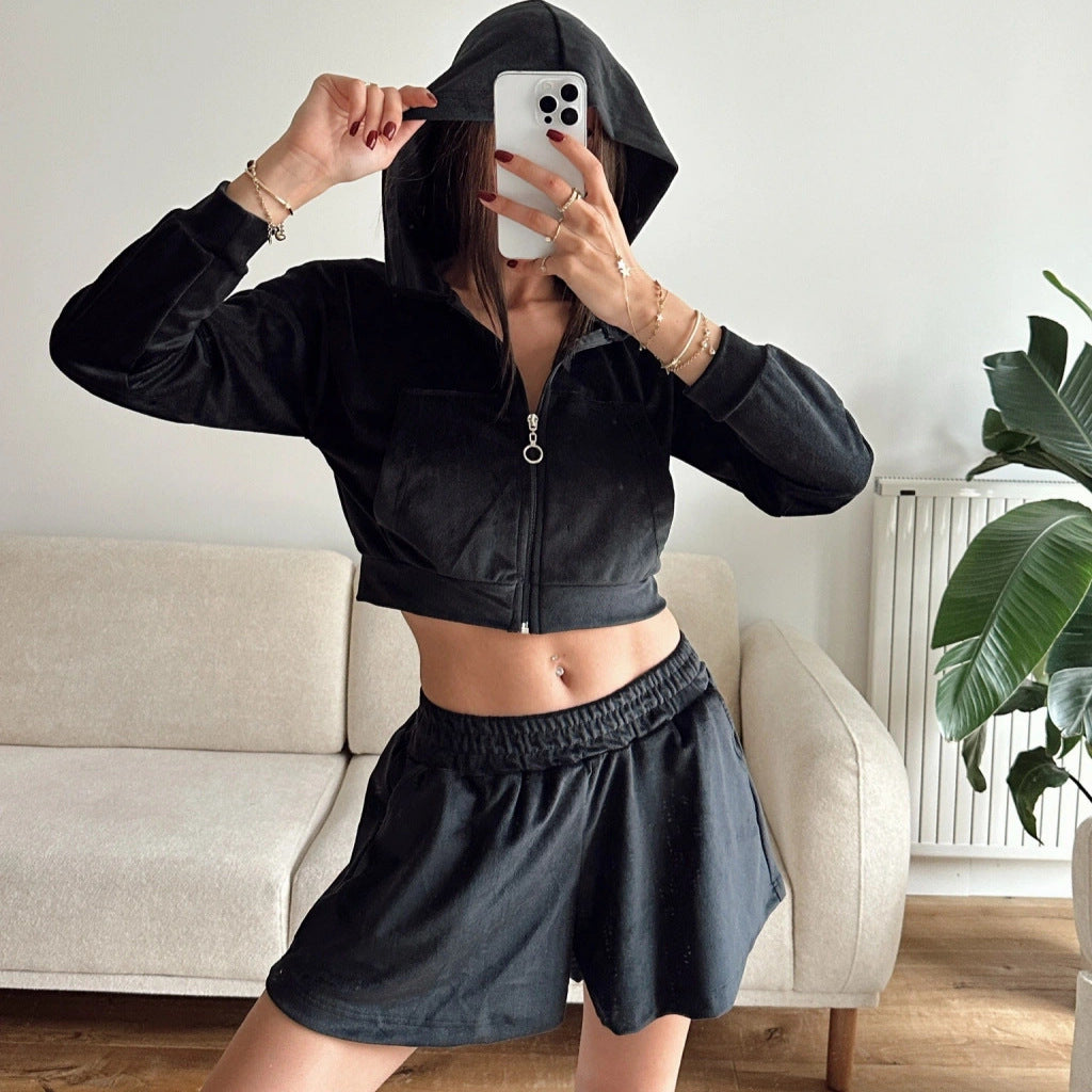 Damen Sportset Velours Cropped Reißverschluss Elastisch