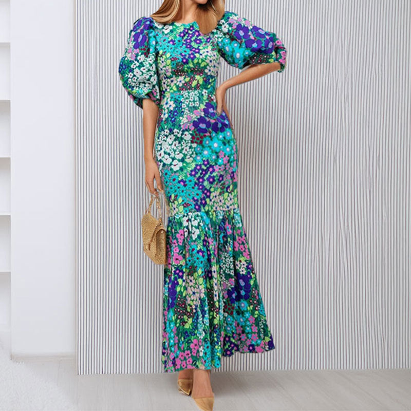 Damen Maxikleid mit Puffärmeln und Blumenmustern - Norvielle