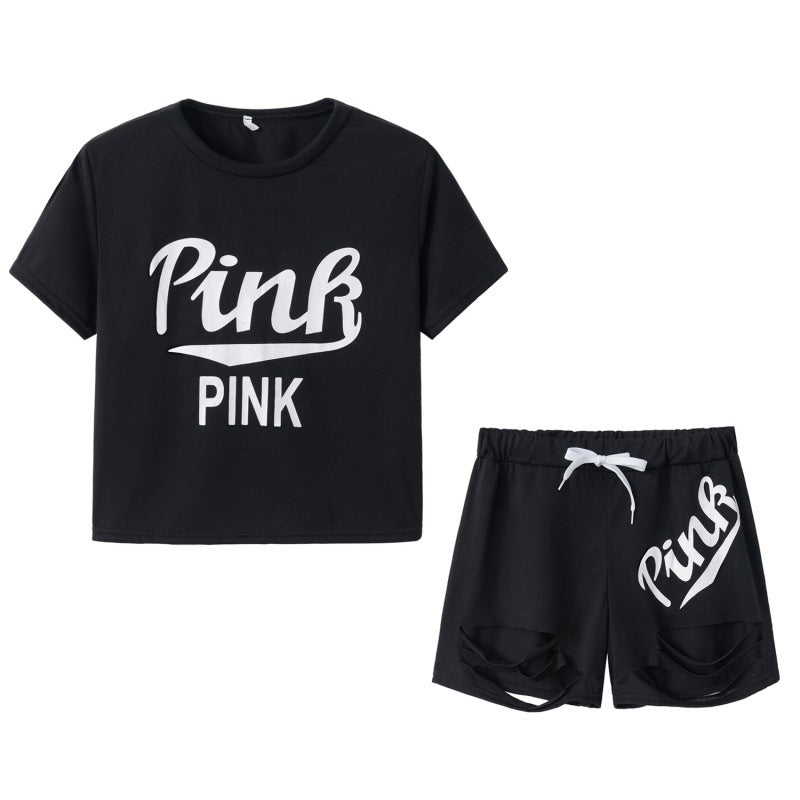 Damen Sportset Weites T-Shirt und Shorts Kontrast-Aufdruck Grau