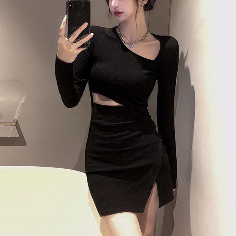 Damen Kleid Asymmetrischer Ausschnitt Seitlicher Schlitz