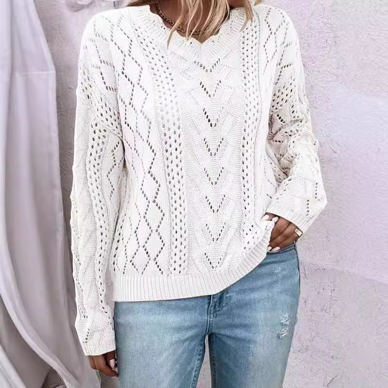 Damen Strickpullover V-Ausschnitt Netzstruktur Norvielle