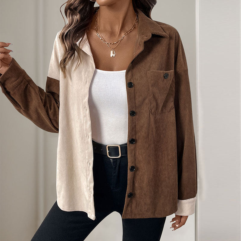 Damen Cordbluse Kontrastdetails Baumwolle Beige